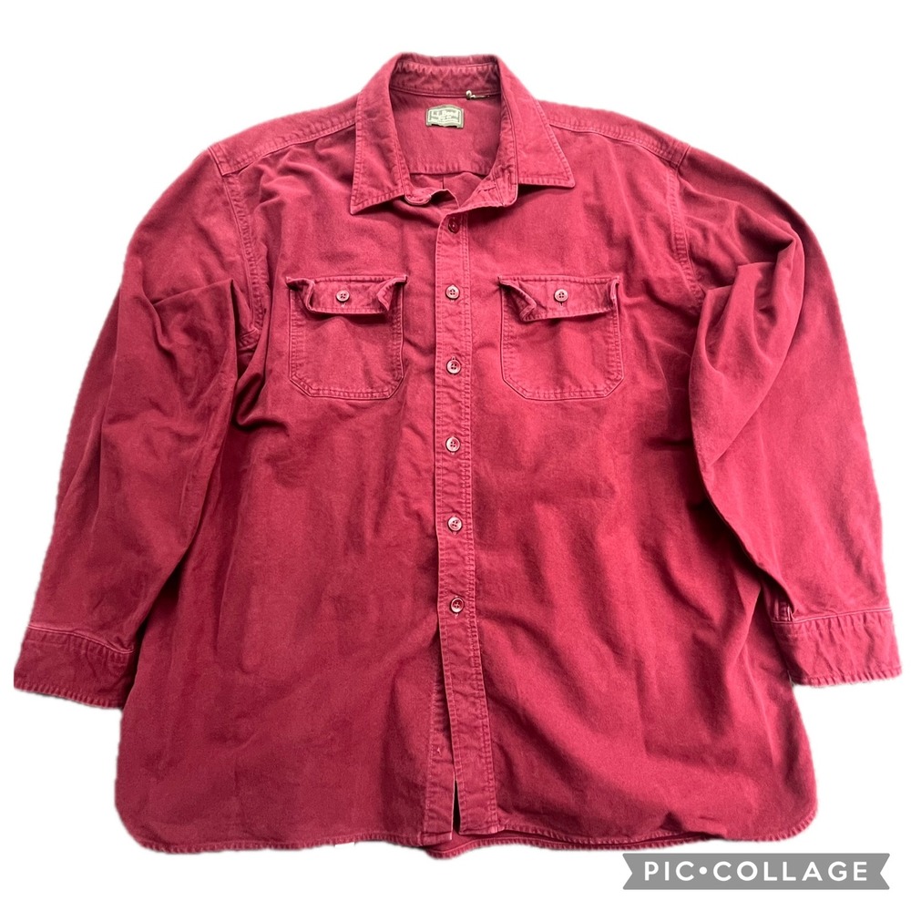 LL Bean Mens Burgundy Long Sleeve Button Up Shirt Double Pocket Casual Size XXL‎